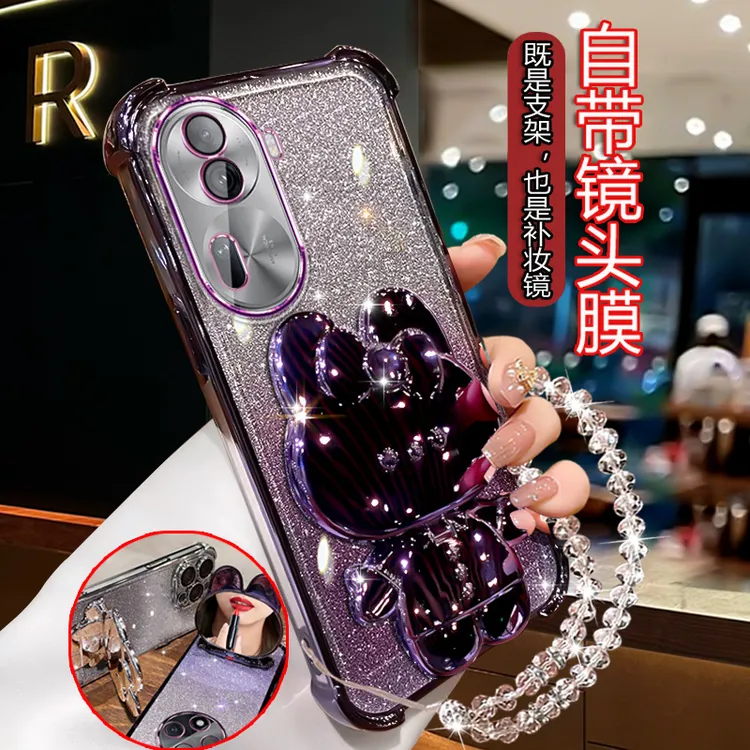 适用opporeno11手机壳镜头全包5g闪粉防摔女PJH110网红镜子带支架