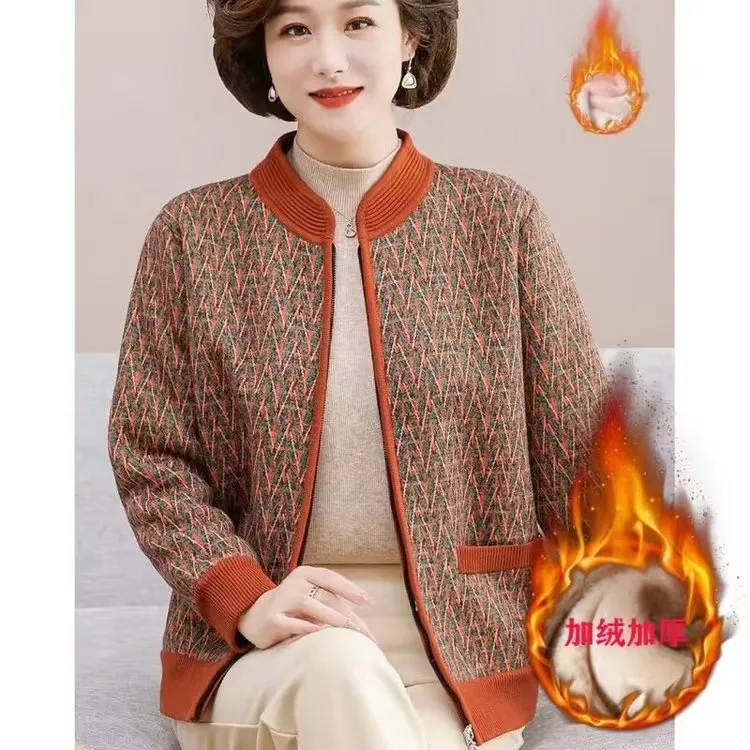 5512妈妈装秋冬新款弹力针织大码外套中老年加绒加厚保暖开衫外套