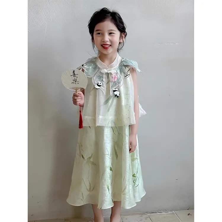 女童中式旗袍裙夏季2024新款儿童夏装国风云肩汉服裙子女孩连衣裙
