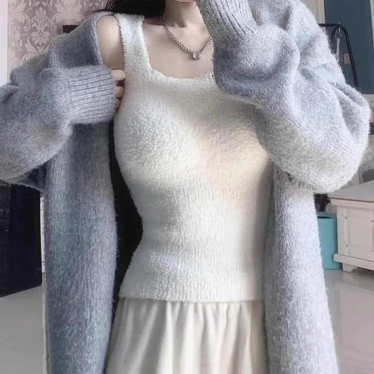 带胸垫加绒吊带背心羊羔绒毛绒保暖打底衫秋冬免穿文胸一体式内搭