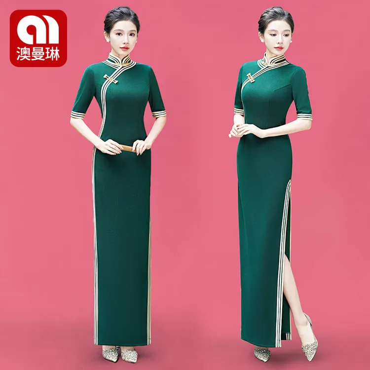 澳曼琳走秀改良旗袍新款复古中国风修身优雅妈妈舞台演出服连衣裙