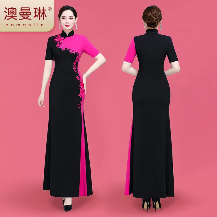 高端拼色舞台走秀修身显瘦气质时尚长款旗袍封神的3条绝美连衣裙