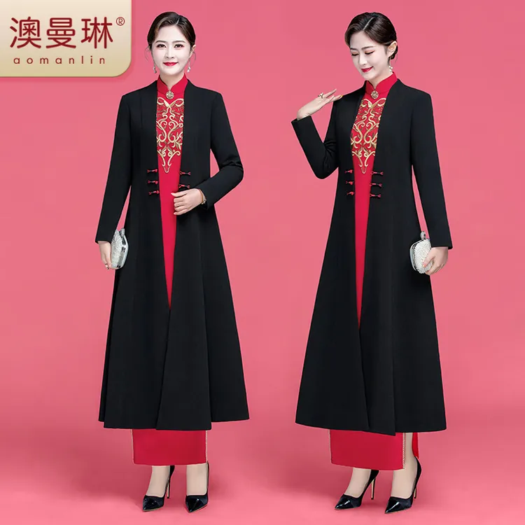 中国风走秀战袍外套女长款中式扣刺绣旗袍队服春秋中长款修身显瘦