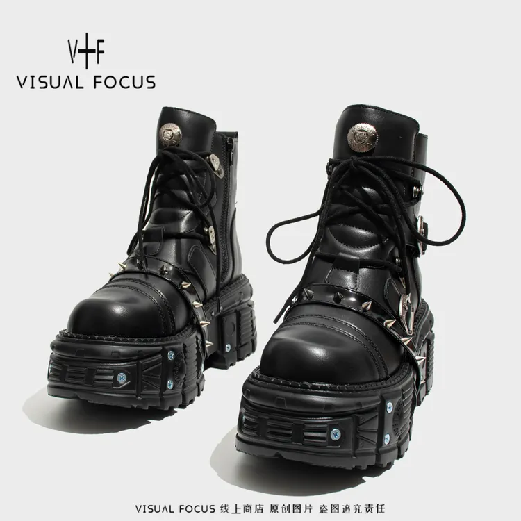 Visual focus 铆钉厚底马丁靴女重金属y2k朋克风辣妹真皮机车靴子
