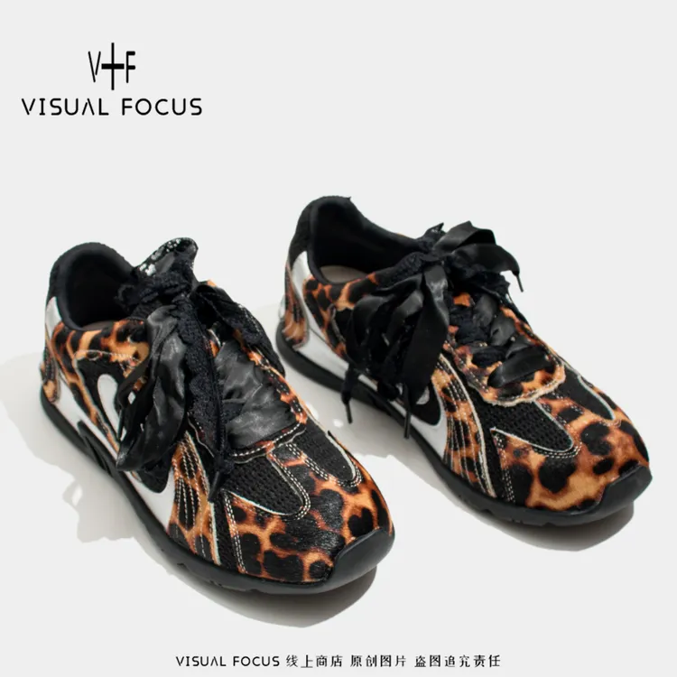 Visual focus 豹纹德训鞋女拼色港潮辣妹系带徒步真皮平底休闲鞋
