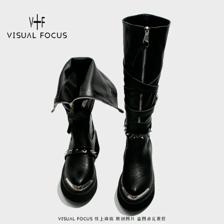 Visual focus 铆钉重金属高筒靴女y2k港潮朋克松糕厚底长筒时装靴