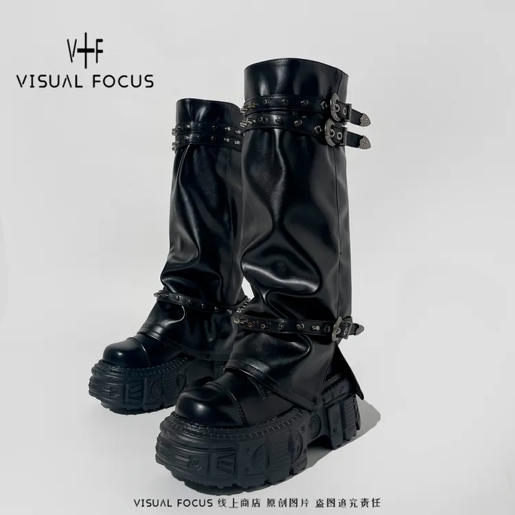 Visual focus 原创裤管靴女重金属扣式朋克风西班牙潮牌长筒靴子