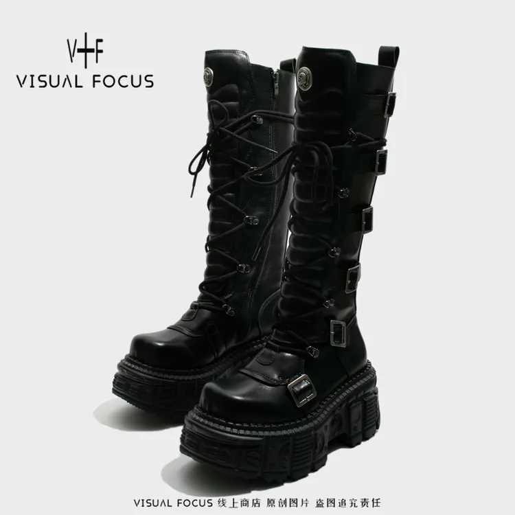Visual focus 西班牙潮牌厚底长筒靴女朋克风y2k重金属港潮机车靴
