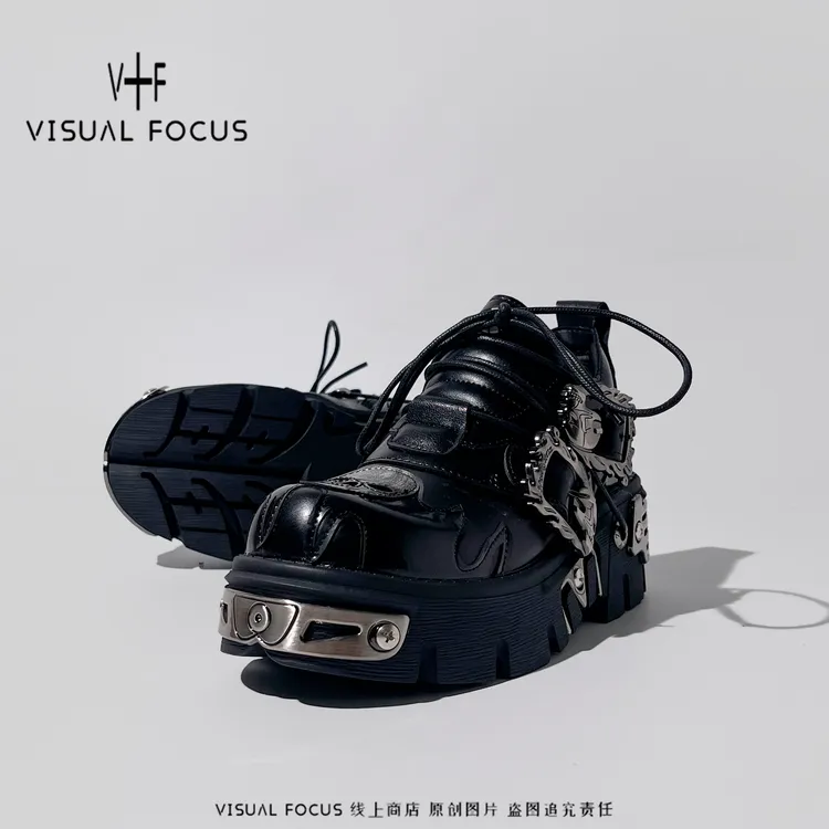 Visual focus 厚底朋克风单鞋男女款擦色复古火焰y2k亚比风皮鞋子