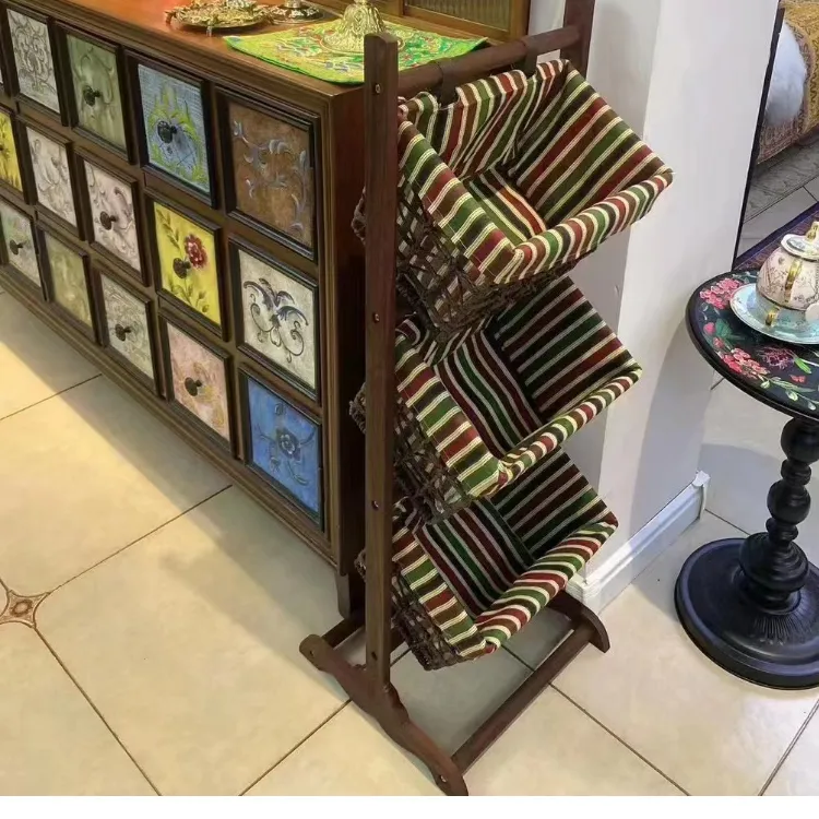 复古落地置物架实木藤编收纳储物架三层客厅家具家用收纳架简易