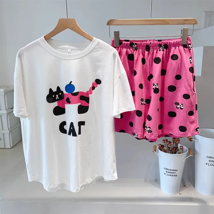 夏季撞色猫咪短袖短裤套装睡衣女莫代尔薄款舒适宽松家居服