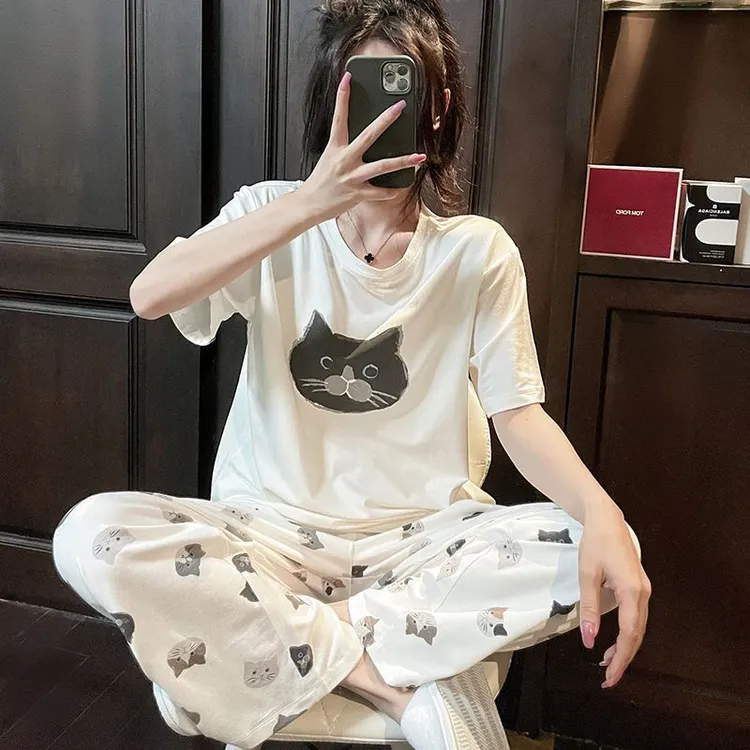 日系薄款睡衣女夏季可爱兔子猫咪莫代尔棉柔软短袖长裤家居服套装