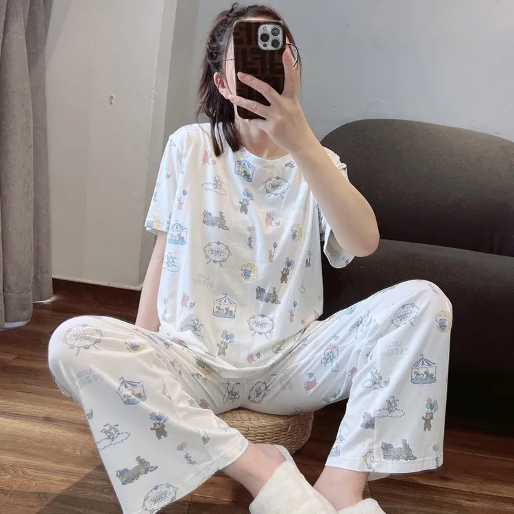日系可爱莫代尔棉质游乐园马戏团短袖长裤可爱休闲套头睡衣家居服
