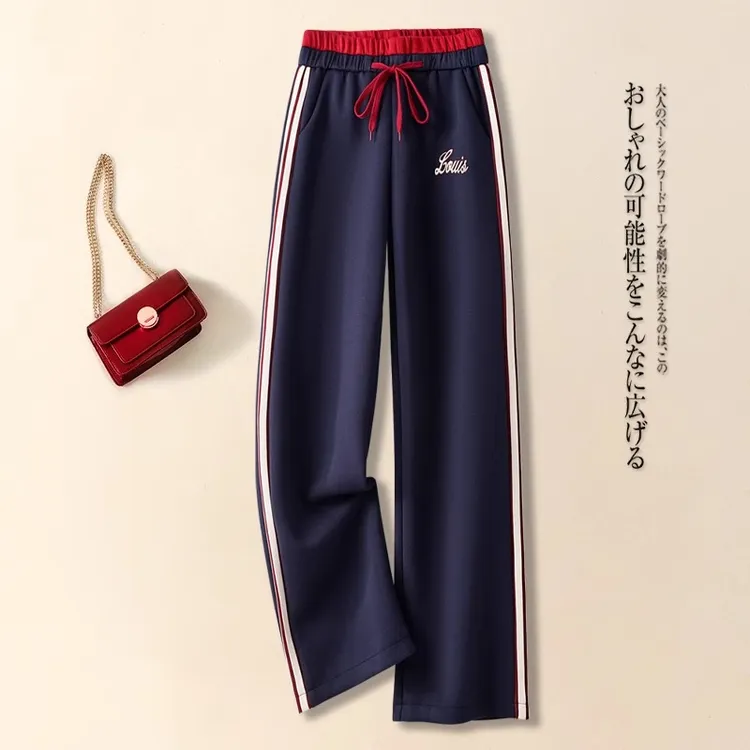 直筒运动裤女2025春秋休闲裤新款侧条纹显瘦宽松抽绳高腰窄版卫裤