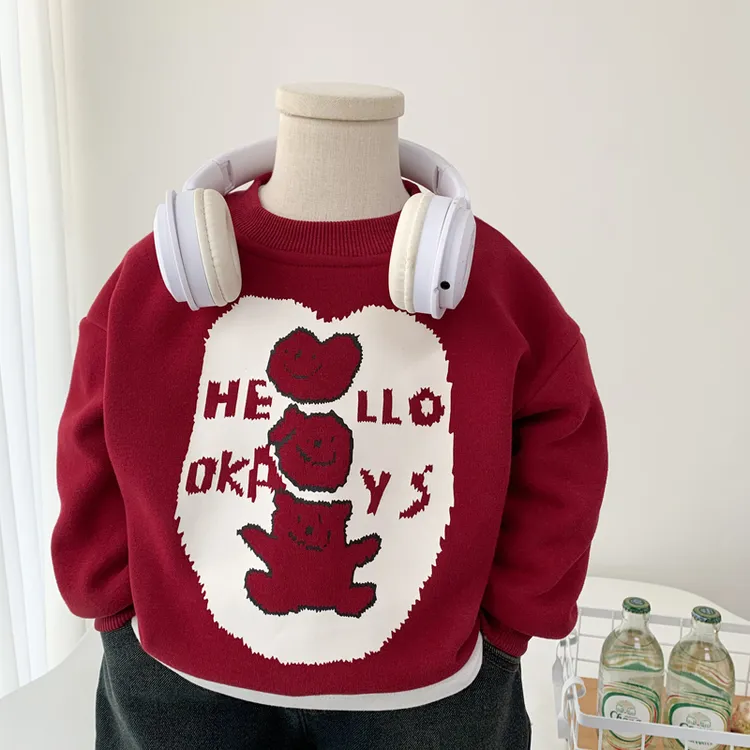 男童女童加绒卫衣秋冬2025新款洋气儿童红色喜庆卡通加绒套头上衣