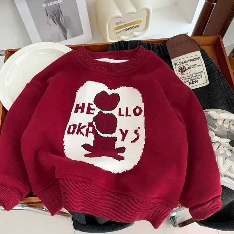 2025新款洋气儿童红色喜庆卡通加绒套头上衣男童女童加绒卫衣秋冬