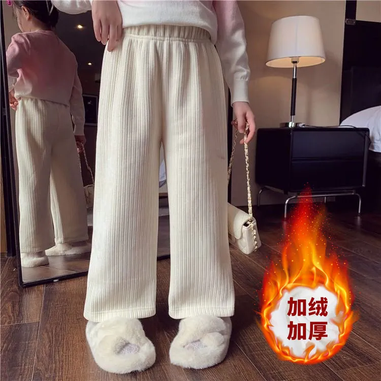 加绒秋冬女童直筒裙雪尼尔韩版洋气中小童高腰休闲裤宽松儿童裤子