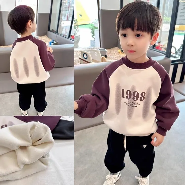 洋气插肩袖~男童一体绒撞色卫衣2025秋冬新款中小童韩版加绒上衣