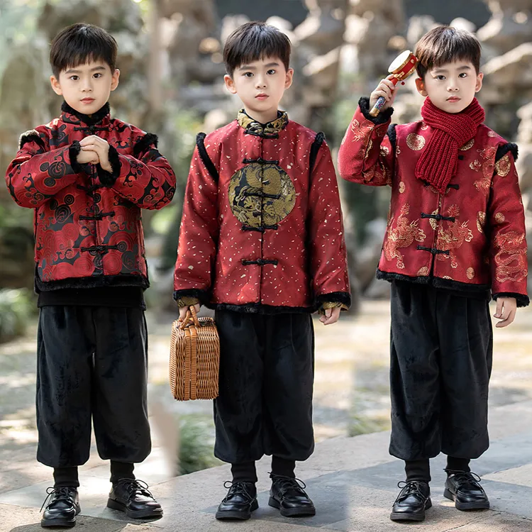 男童汉服套装2025新款宝宝秋冬装加绒唐装中国风儿童新中式拜年服