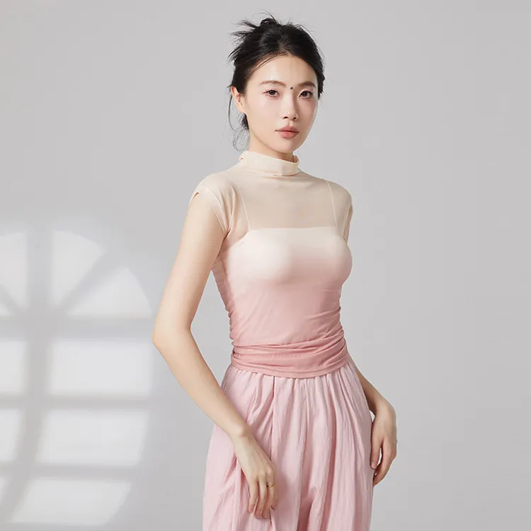 现代舞蹈服夏季渐变短袖上衣古典舞练功服形体训练纱衣