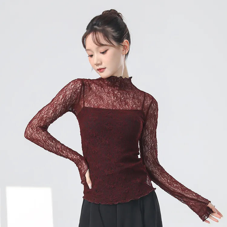 古典舞纹理感身韵纱衣女纯欲风新款长袖半高领花边修身现代舞蹈服