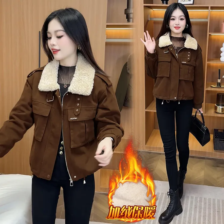 纯棉时尚小个子加绒加厚短外套女2025年冬季韩版休闲百搭显瘦上衣