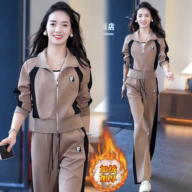 加绒加厚休闲运动服套装女2025冬季新款时尚洋气卫衣阔腿裤两件套