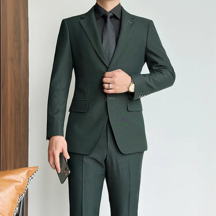 春秋墨绿色男西服时尚休闲韩版修身商务休闲职业青年正装纯色潮流