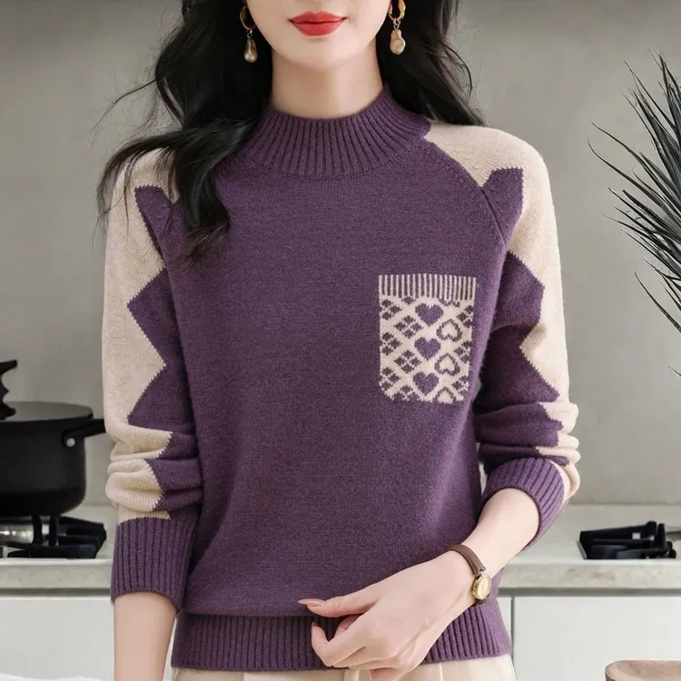 毛衣女款爆款2025秋冬季新款中年纯100羊绒衫女士针织衫拼色上衣