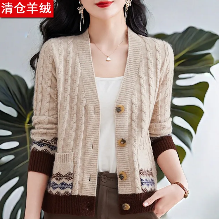 纯100羊绒衫女士开衫毛衣宽松2025春秋新款针织衫时尚毛衣外套女