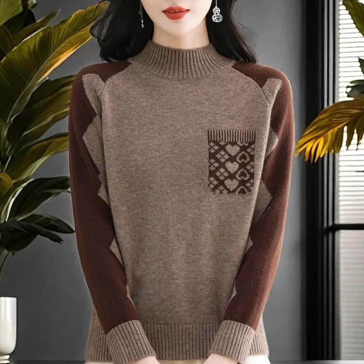纯100羊绒衫针织衫女2025秋冬新款洋气女士中年妈妈百搭拼色毛衣