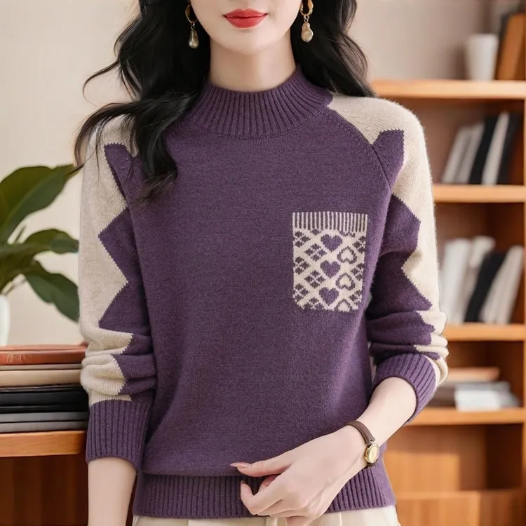 秋冬季新款纯100羊绒衫女中年妈妈保暖针织衫女士半高领套头毛衣