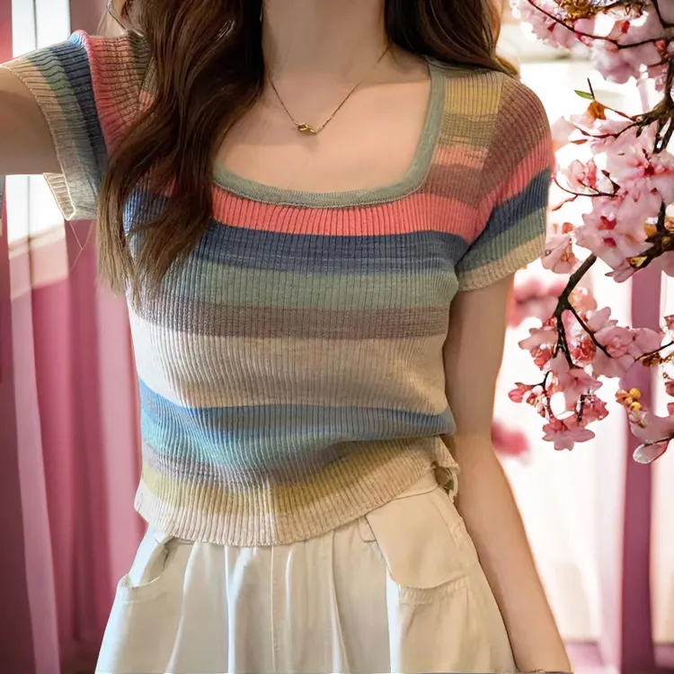 夏季新款彩虹条纹方领正肩针织短袖T恤夏薄款设计感纯欲短款甜辣