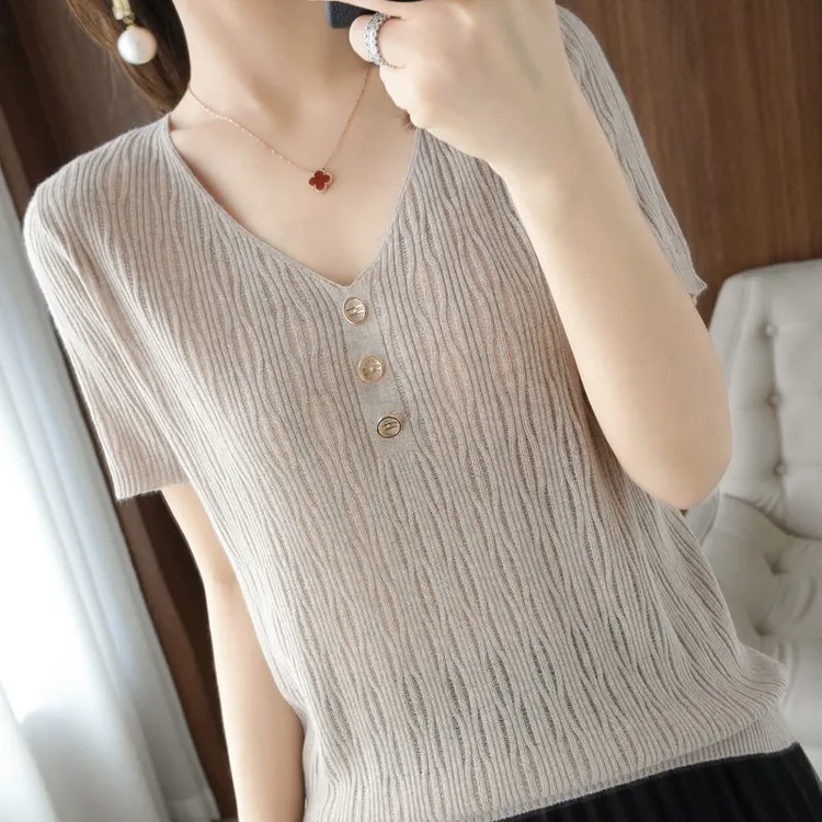 品牌折扣女装专柜撤柜正品冰丝短袖T恤女宽松上衣百搭时尚针织衫