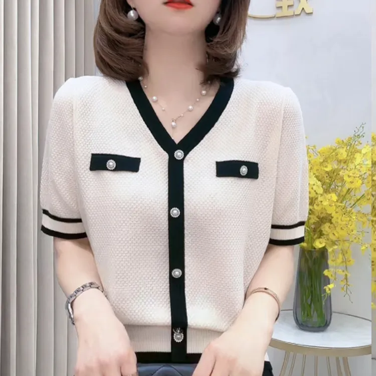 外贸原单意大利女装清仓欧货冰丝v领T恤女宽松洋气时尚针织衫上衣