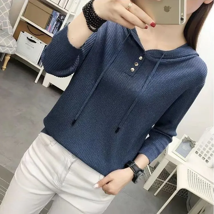 清仓捡漏~专柜撤回大牌外贸连帽针织长袖t恤女春宽松上衣打底毛衣