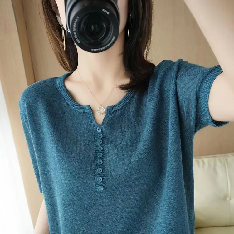 外贸原单意大利大牌女装欧货冰丝短袖T恤女夏宽松上衣打底针织衫