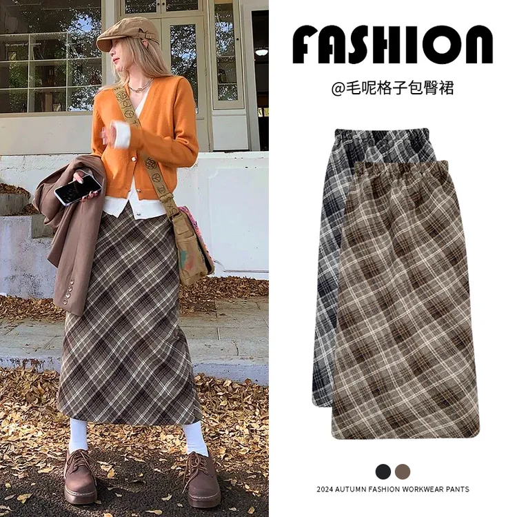 【松紧腰】复古毛呢格子半身裙女秋冬高腰显瘦a字修身包臀中长裙子