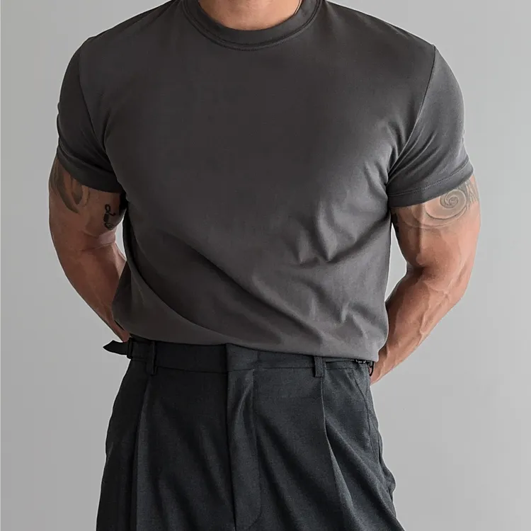 宽肩束袖口男健身短袖纯色弹力休闲运动上衣户外百搭修身透气T恤
