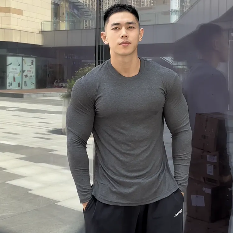 运动健身长袖t恤男士男高弹2*2薄螺纹亲肤透气紧身衣圆领健身服男
