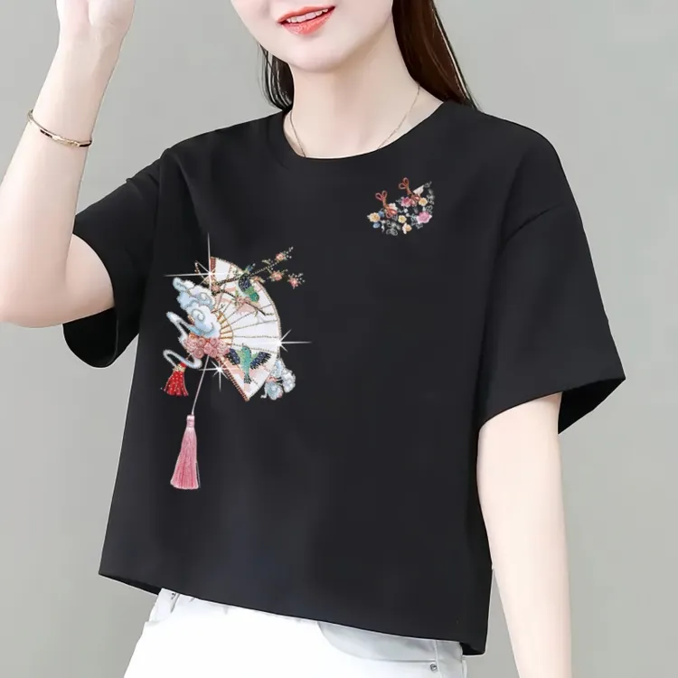 100%纯棉短款T恤女国风民族风2024新款宽松显瘦减龄时尚百搭
