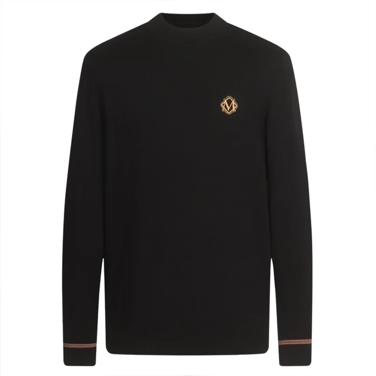 MANGANO男士时尚秋冬刺绣黑色纯绵羊毛长袖印花保暖半高领羊毛衫