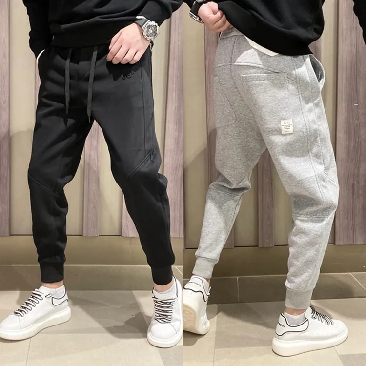秋冬新款男士休闲运动烟管裤加厚加绒潮牌灰色百搭束口裤修身卫裤