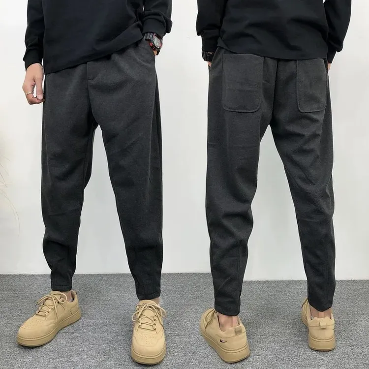 休闲裤男款秋冬宽松加厚裤痞帅阔腿小众褶皱工装裤黑色毛呢裤子男