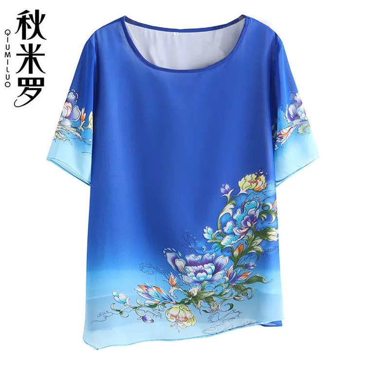 QHZ2217中老年女装夏季印花t恤上衣中年妈妈宽松夏装洋气大码小衫