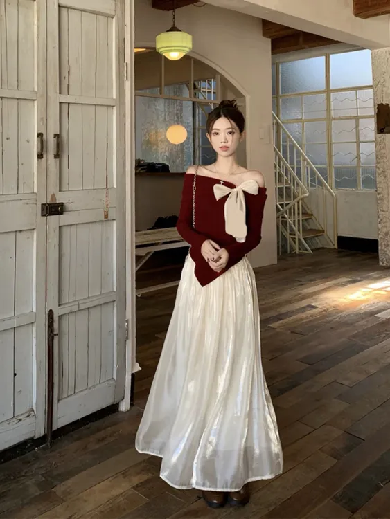 一字肩蝴蝶结长袖上衣半身裙千金风套装-3168