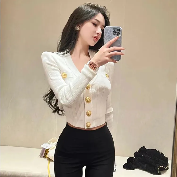 夏娃徐睿知杨采钰同款垫肩上衣法式小香风V领针织开衫毛衣外套秋