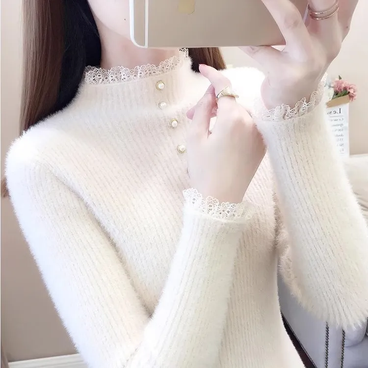 半高领仿水貂绒毛衣女打底衫2023秋冬新款加厚蕾丝内搭针织衫上衣