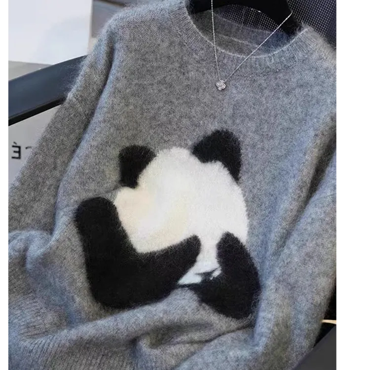 韩版套头加厚针织衫2024秋冬新款宽松慵懒风洋气灰色熊猫毛衣女