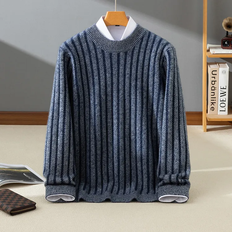 100%纯山羊绒衫男士双股加厚半高领山羊绒毛衣时尚休闲竖条羊绒衫